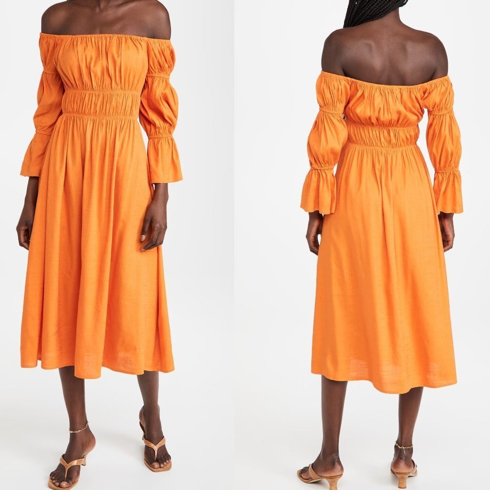 Cult Gaia Stella Off-the-Shoulder Smocked Midi Dress in Sunburst Orange Medium